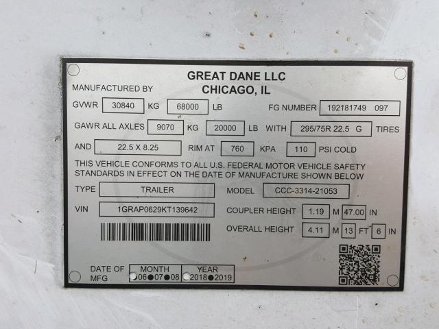 1GRAP0629KT139642 - 2019 GREAT DANE TRAILER DRY 53FT WHITE photo 10