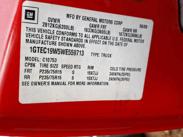 1GTEC19W5WE559713 - 1998 GMC SIERRA C15 RED photo 10