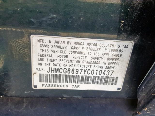 JHMCG6697YC010437 - 2000 HONDA ACCORD SE GREEN photo 10