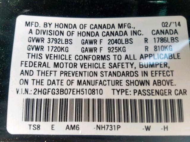 2HGFG3B07EH510810 - 2014 HONDA CIVIC EXL 黑色 照片 10