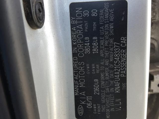 KNAFU4A21C5483377 - 2012 KIA FORTE EX SILVER photo 10