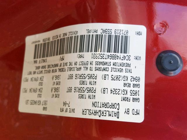 3C4FY48B64T352931 - 2004 CHRYSLER PT CRUISER RED photo 10