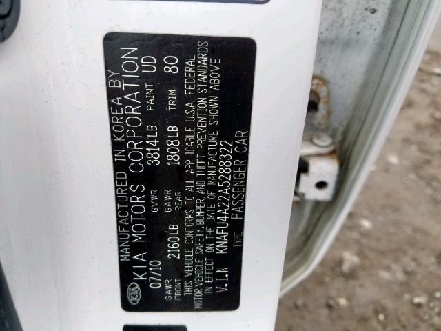 KNAFU4A22A5288322 - 2010 KIA FORTE EX WHITE photo 10