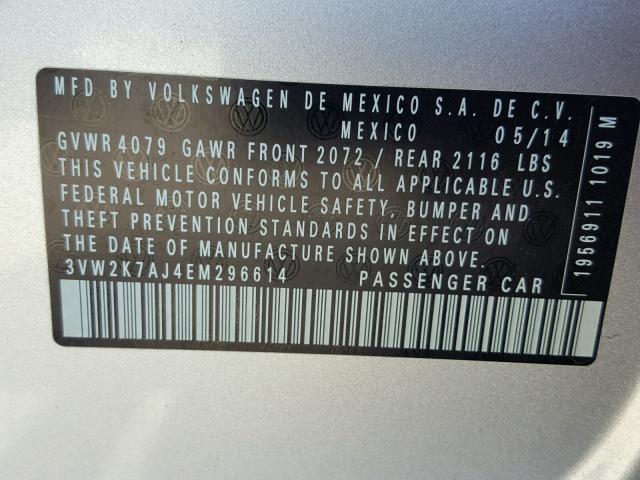 3VW2K7AJ4EM296614 - 2014 VOLKSWAGEN JETTA BASE 银色 照片 10