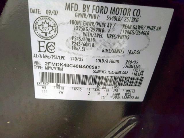 2FMDK48C48BA00591 - 2008 FORD EDGE SEL BLACK photo 10