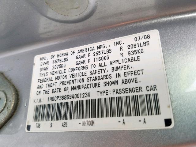 1HGCP36869A001234 - 2009 HONDA ACCORD EXL SILVER photo 10