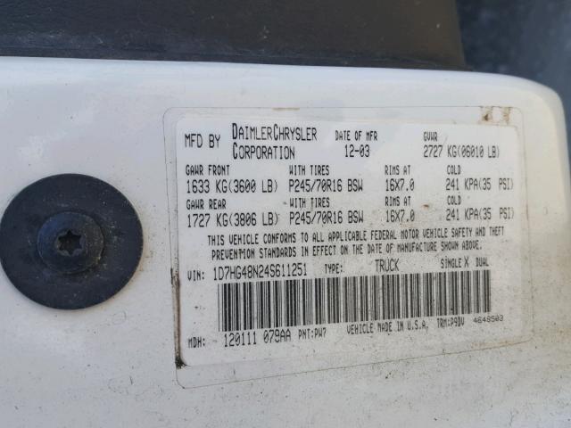 1D7HG48N24S611251 - 2004 DODGE DAKOTA QUA WHITE photo 10