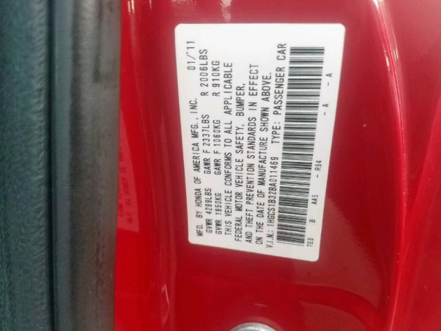 1HGCS1B32BA011469 - 2011 HONDA ACCORD LX- RED photo 10