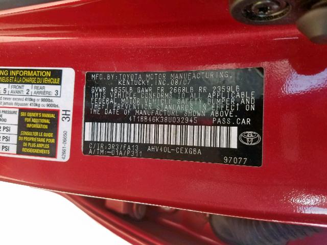 4T1BB46K38U032945 - 2008 TOYOTA CAMRY HYBR RED photo 10