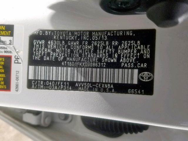 4T1BD1FKXDU086312 - 2013 TOYOTA CAMRY HYBR WHITE photo 10