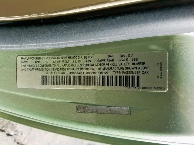 3VWRW31C88M503569 - 2008 VOLKSWAGEN NEW BEETLE მწვანე ფოტო 10