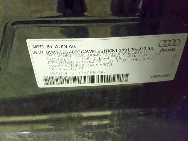 WAUDF78E37A259706 - 2007 AUDI A4 2.0T QU BLACK photo 10