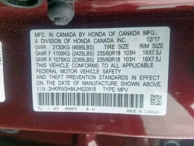 2HKRW2H84JH620818 - 2018 HONDA CR-V EXL MAROON photo 10