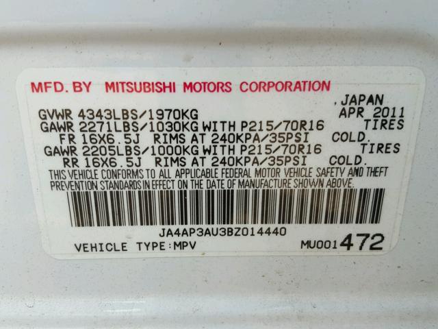 JA4AP3AU3BZ014440 - 2011 MITSUBISHI OUTLANDER WHITE photo 10