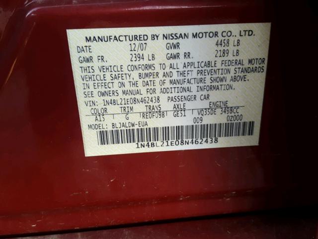 1N4BL21E08N462438 - 2008 NISSAN ALTIMA 3.5 RED photo 10