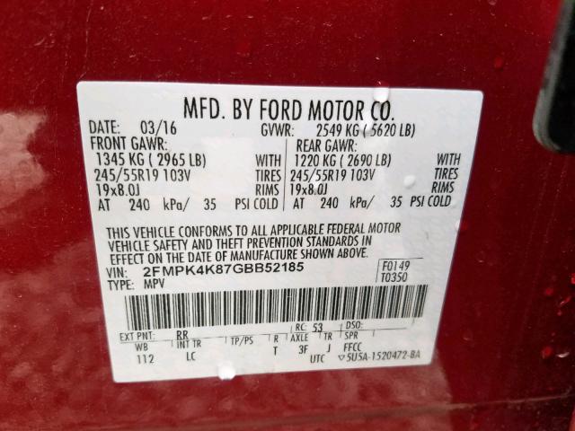 2FMPK4K87GBB52185 - 2016 FORD EDGE TITAN MAROON photo 10