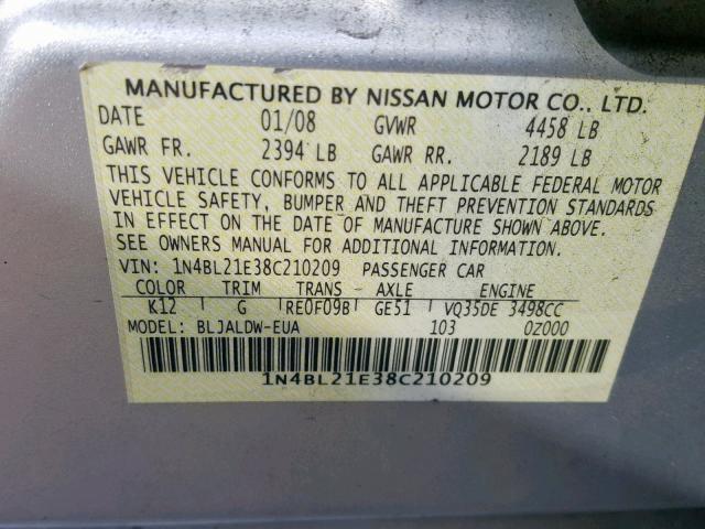 1N4BL21E38C210209 - 2008 NISSAN ALTIMA 3.5 SILVER photo 10