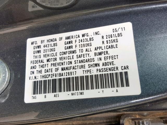 1HGCP2F81BA126917 - 2011 HONDA ACCORD EXL GRAY photo 10