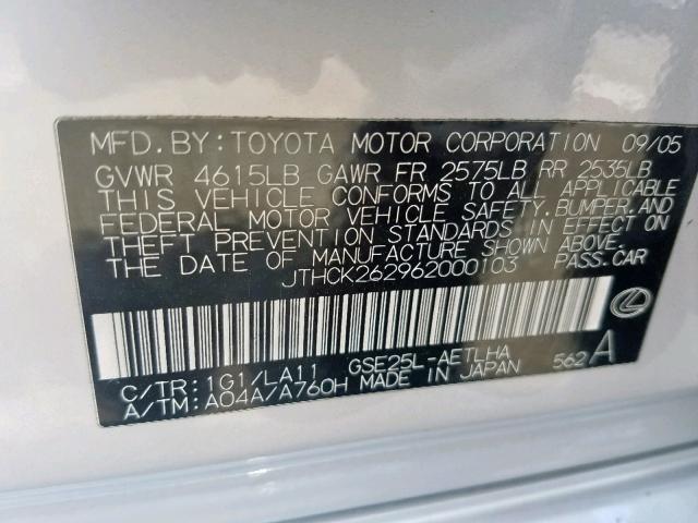 JTHCK262962000103 - 2006 LEXUS IS 250 SILVER photo 10