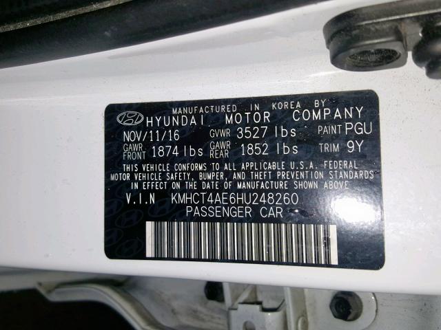 KMHCT4AE6HU248260 - 2017 HYUNDAI ACCENT SE WHITE photo 10