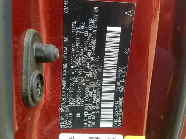 5TDKK3DC3BS140407 - 2011 TOYOTA SIENNA LE RED photo 10