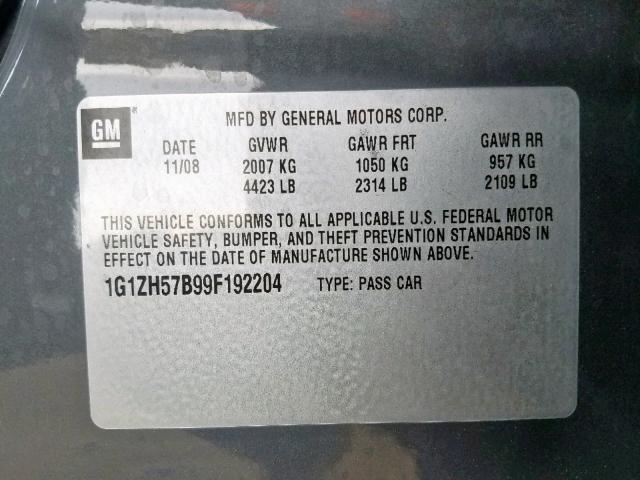 1G1ZH57B99F192204 - 2009 CHEVROLET MALIBU 1LT GRAY photo 10