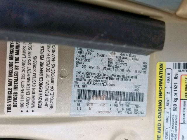 5LMFU28557LJ10599 - 2007 LINCOLN NAVIGATOR თაფლისფერი ფოტო 10