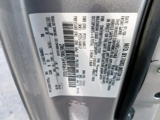 2MEHM75V49X617032 - 2009 MERCURY GRAND MARQ GRAY photo 10