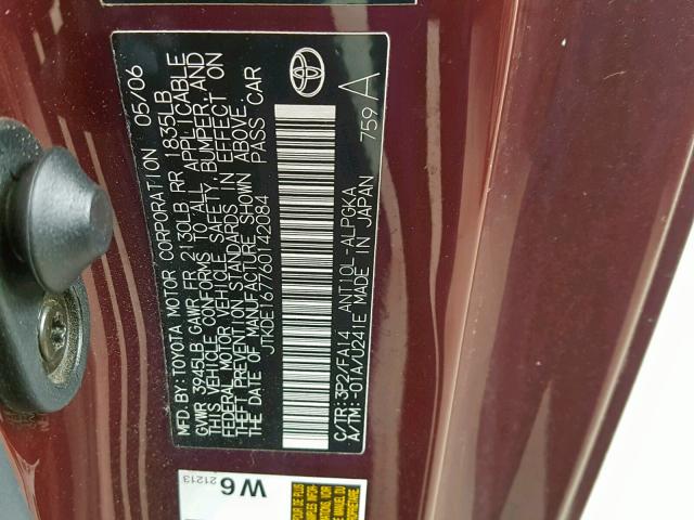 JTKDE167760142084 - 2006 TOYOTA SCION TC ბურგუნდია ფოტო 10