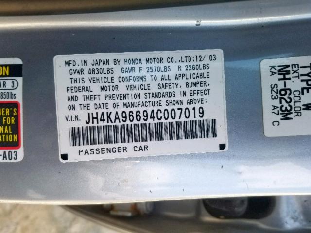 JH4KA96694C007019 - 2004 ACURA 3.5RL SILVER photo 10