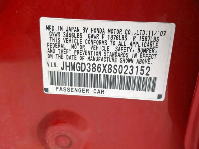 JHMGD386X8S023152 - 2008 HONDA FIT SPORT RED photo 10