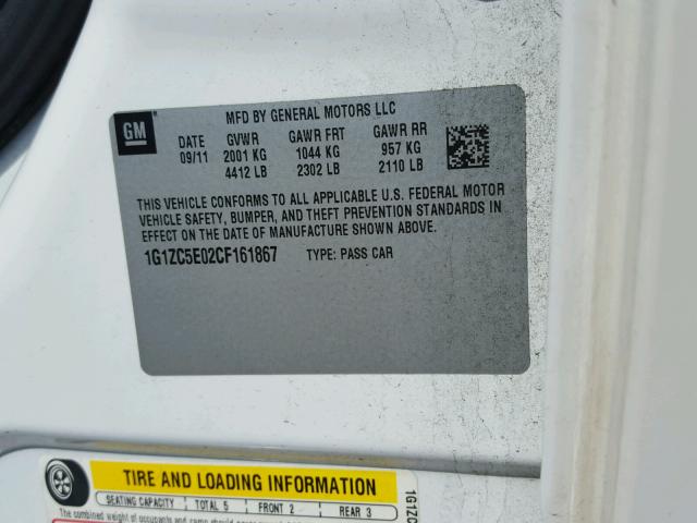1G1ZC5E02CF161867 - 2012 CHEVROLET MALIBU 1LT WHITE photo 10
