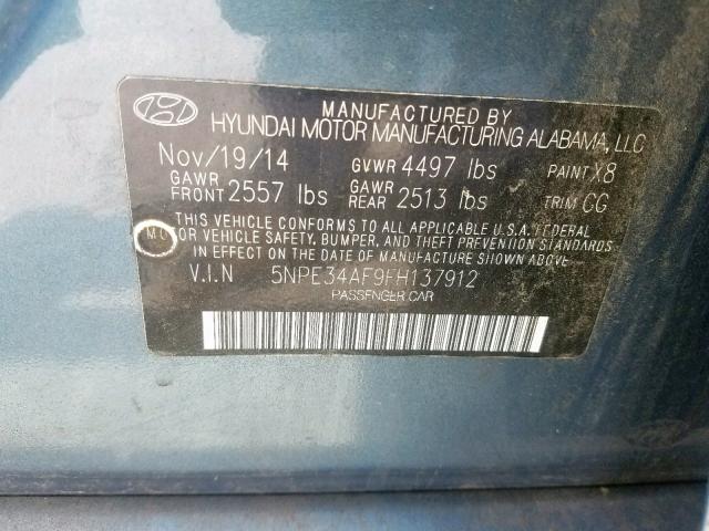 5NPE34AF9FH137912 - 2015 HYUNDAI SONATA SPO BLUE photo 10