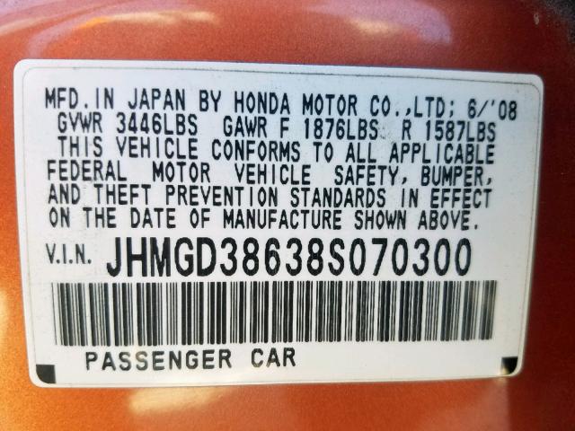 JHMGD38638S070300 - 2008 HONDA FIT SPORT ORANGE photo 10