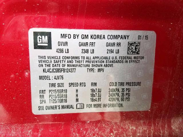 KL4CJCSB5FB124377 - 2015 BUICK ENCORE RED photo 10