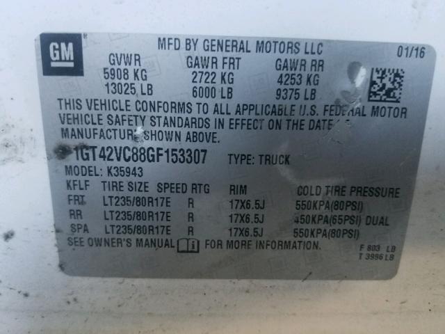 1GT42VC88GF153307 - 2016 GMC SIERRA K35 WHITE photo 10