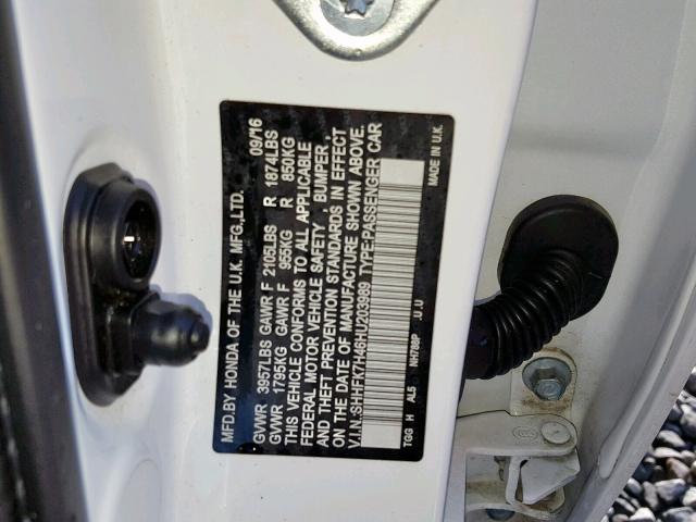 SHHFK7H46HU203989 - 2017 HONDA CIVIC SPOR WHITE photo 10