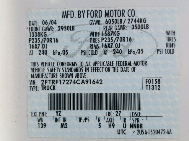 2FTRF17274CA91642 - 2004 FORD F-150 HERI BLUE photo 10