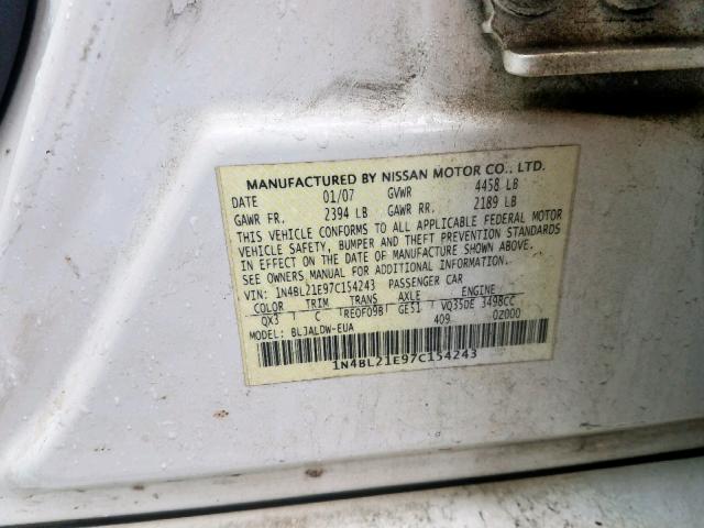 1N4BL21E97C154243 - 2007 NISSAN ALTIMA 3.5 WHITE photo 10