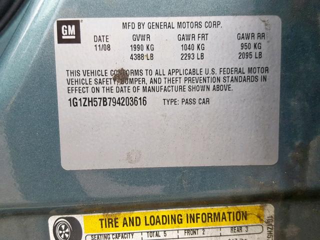 1G1ZH57B794203616 - 2009 CHEVROLET MALIBU 1LT BLUE photo 10