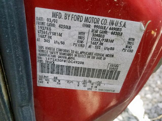 1FTSX30F81EC49208 - 2001 FORD F350 SRW S ORANGE photo 10