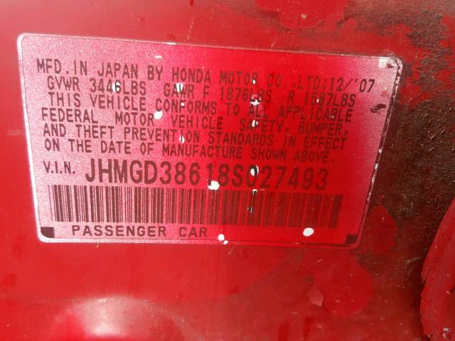 JHMGD38618S027493 - 2008 HONDA FIT SPORT RED photo 10