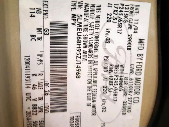 5LMEU68H95ZJ14968 - 2005 LINCOLN AVIATOR ბეჟი ფოტო 10