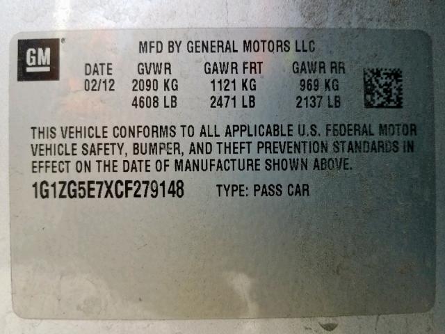 1G1ZG5E7XCF279148 - 2012 CHEVROLET MALIBU LTZ ვერცხლისფერი ფოტო 10