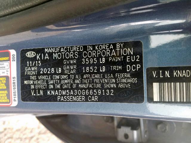 KNADM5A30G6659132 - 2016 KIA RIO LX BLUE photo 10