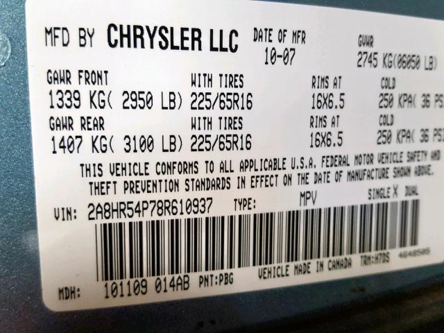 2A8HR54P78R610937 - 2008 CHRYSLER TOWN & COU TEAL photo 10