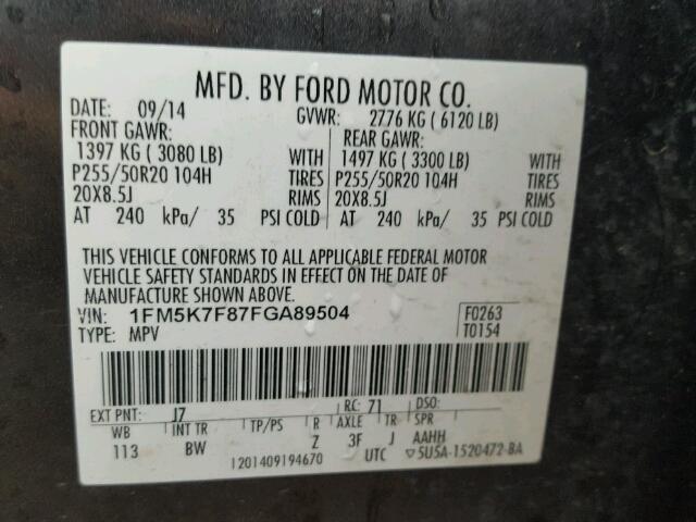 1FM5K7F87FGA89504 - 2015 FORD EXPLORER L GRAY photo 10