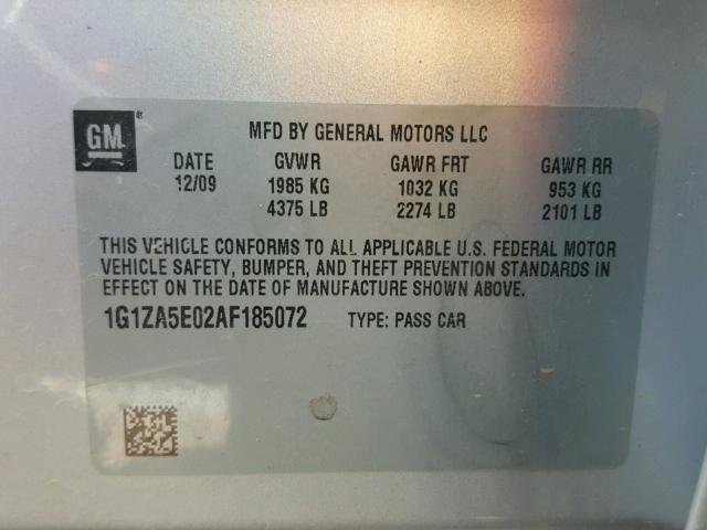 1G1ZA5E02AF185072 - 2010 CHEVROLET MALIBU LS SILVER photo 10