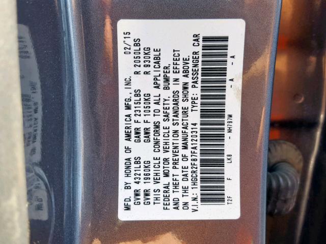 1HGCR2F87FA120314 - 2015 HONDA ACCORD EXL GRAY photo 10