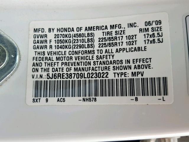 5J6RE38709L023022 - 2009 HONDA CR-V EXL WHITE photo 10